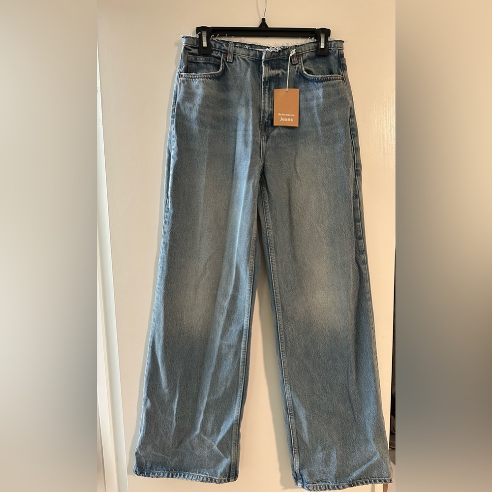 Reformation Cary Mid Rise Cut Off Waistband Wide Leg Jeans